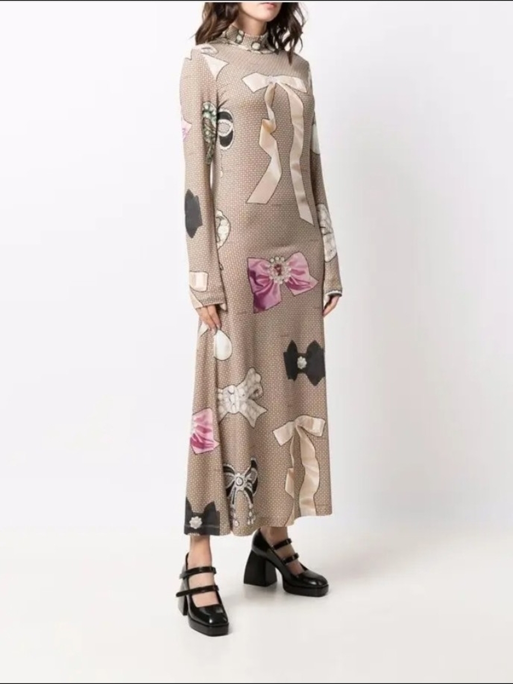 Viktor & Rolf Beige Bow-Print Long Sleeve Maxi Dress